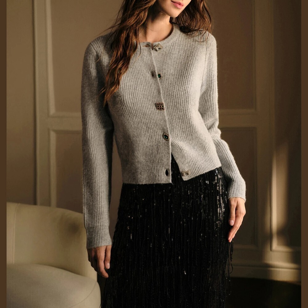 Gray Ribbed Knit Jeweled Button Front Slim Fit Cropped Cardigan